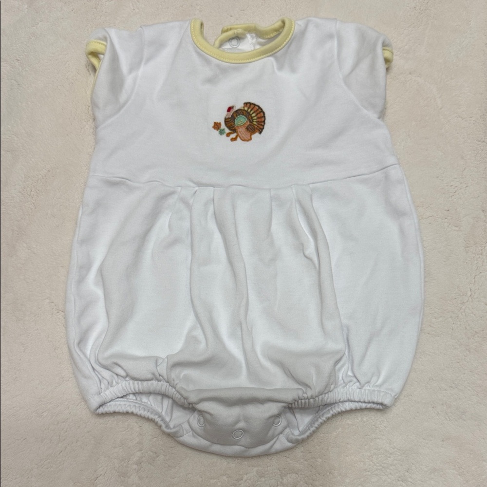 Magnolia Baby Romper with Turkey Embroidery in White and Yellow